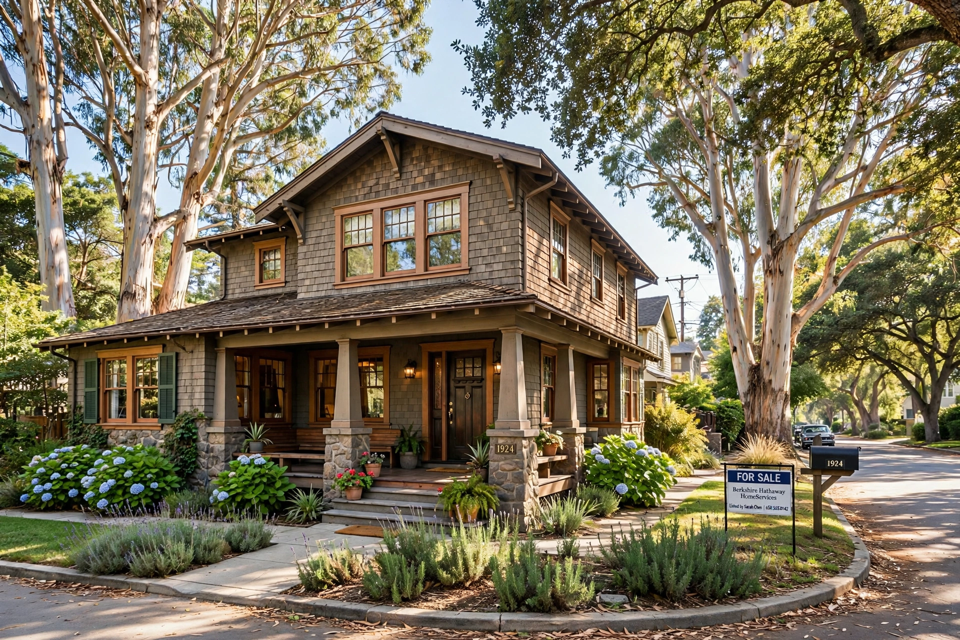 historic 1920s craftsman home exterior in Burlingame California with mature trees