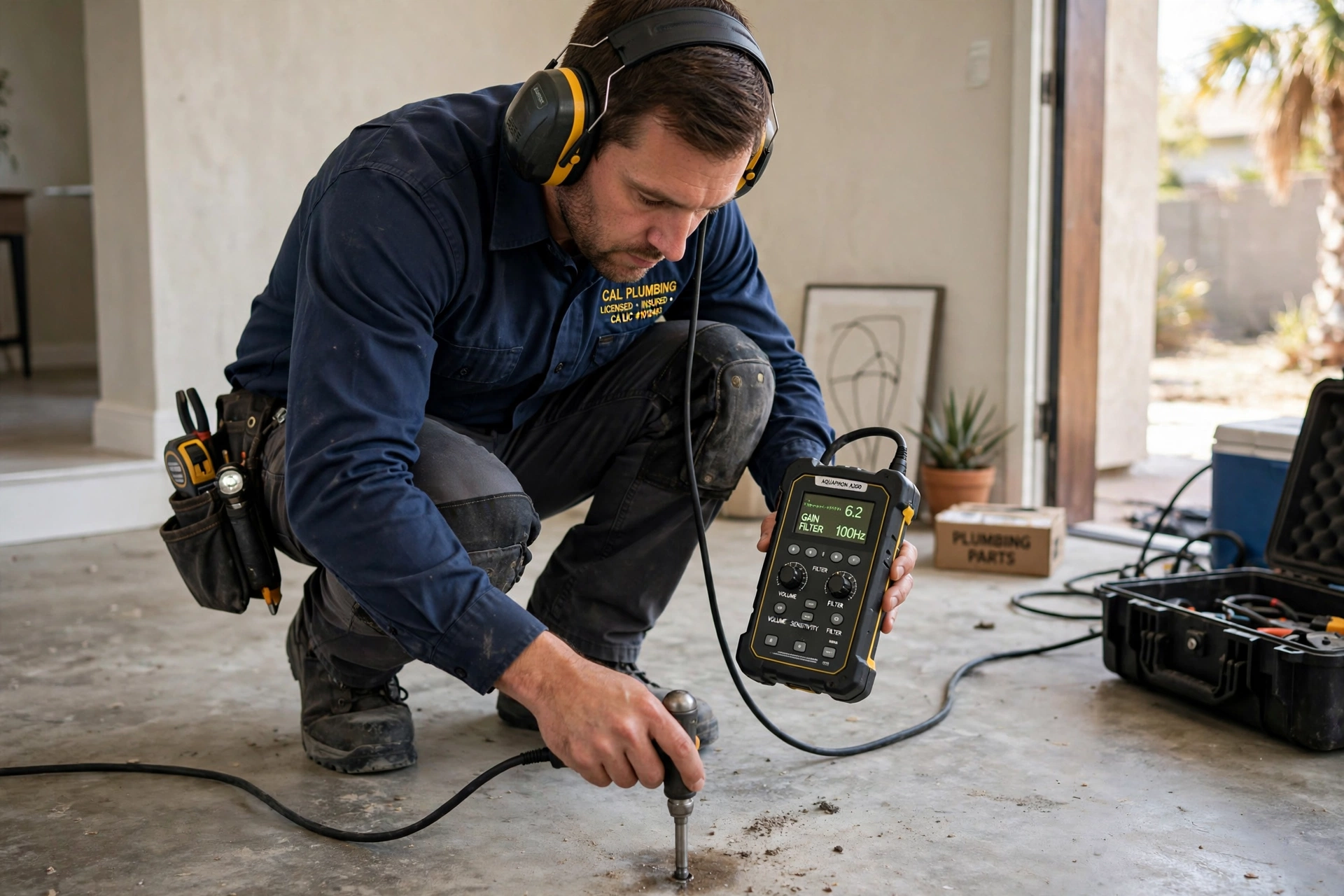 Plumber using acoustic leak detection equipment - Pro Plumbers California Plumber using acoustic leak detection equipment - Pro Plumbers California