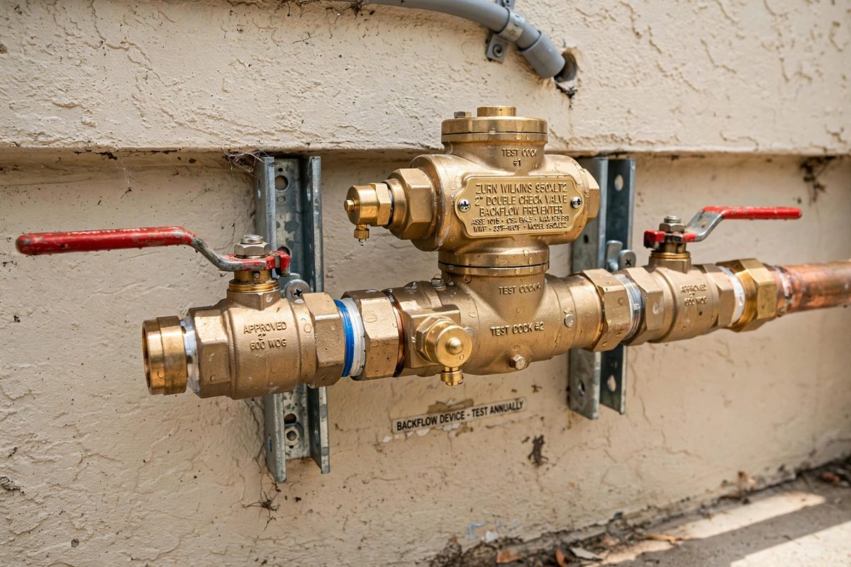 Brass backflow prevention valve closeup - Pro Plumbers California Brass backflow prevention valve closeup - Pro Plumbers California