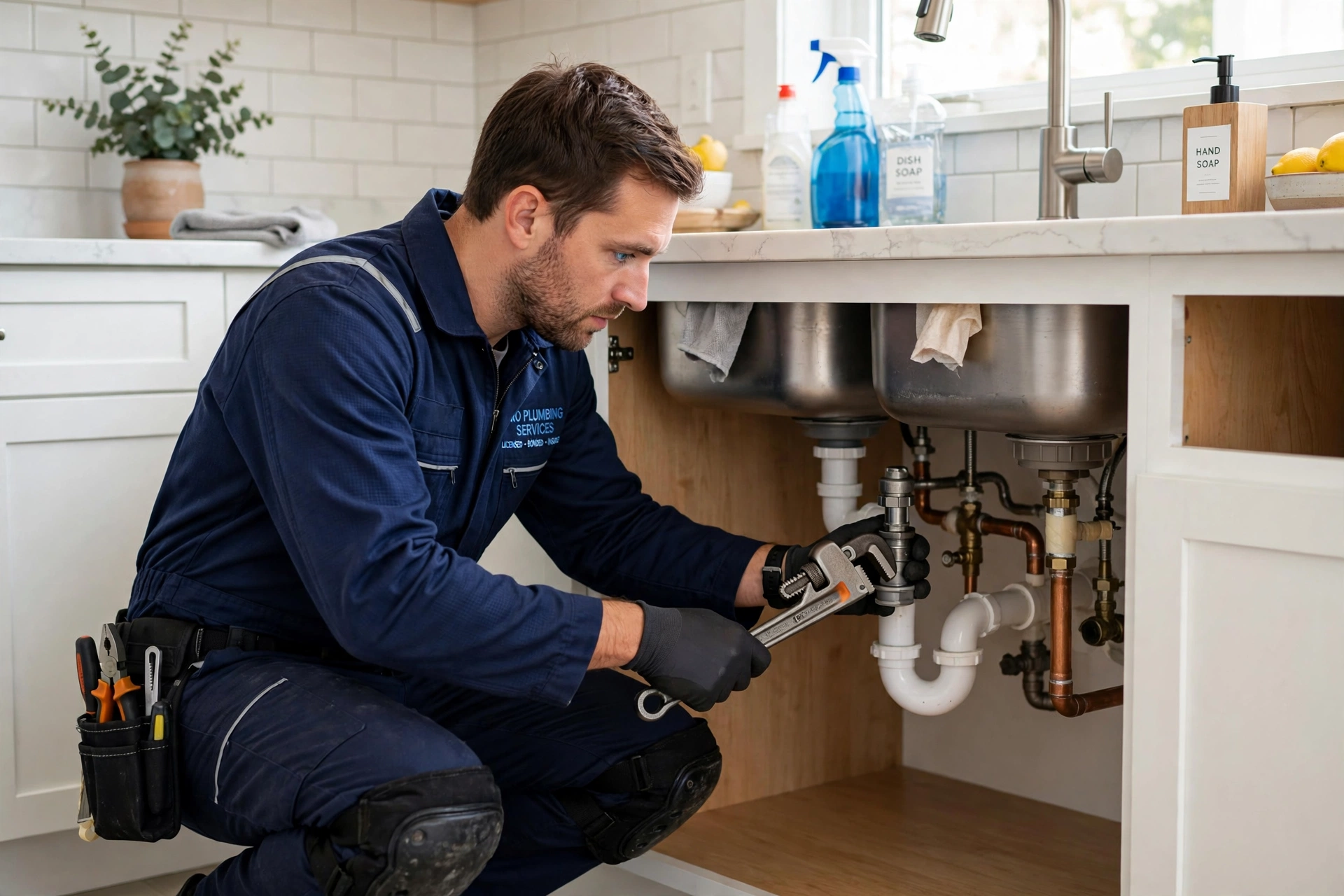 Professional plumber repairing pipes under kitchen sink in San Leandro, CA - Pro Plumbers California Professional plumber repairing pipes under kitchen sink in San Leandro, CA - Pro Plumbers California
