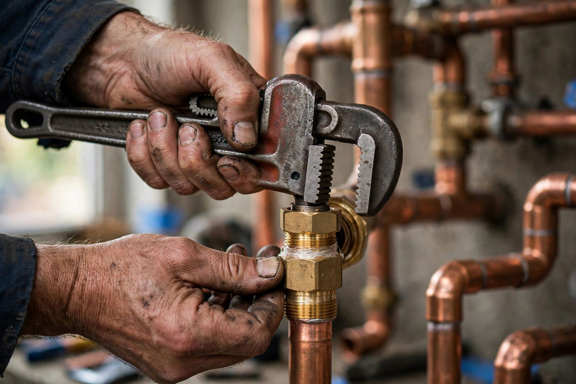 Professional plumber tightening pipe fitting in Tarzana, CA - Pro Plumbers California