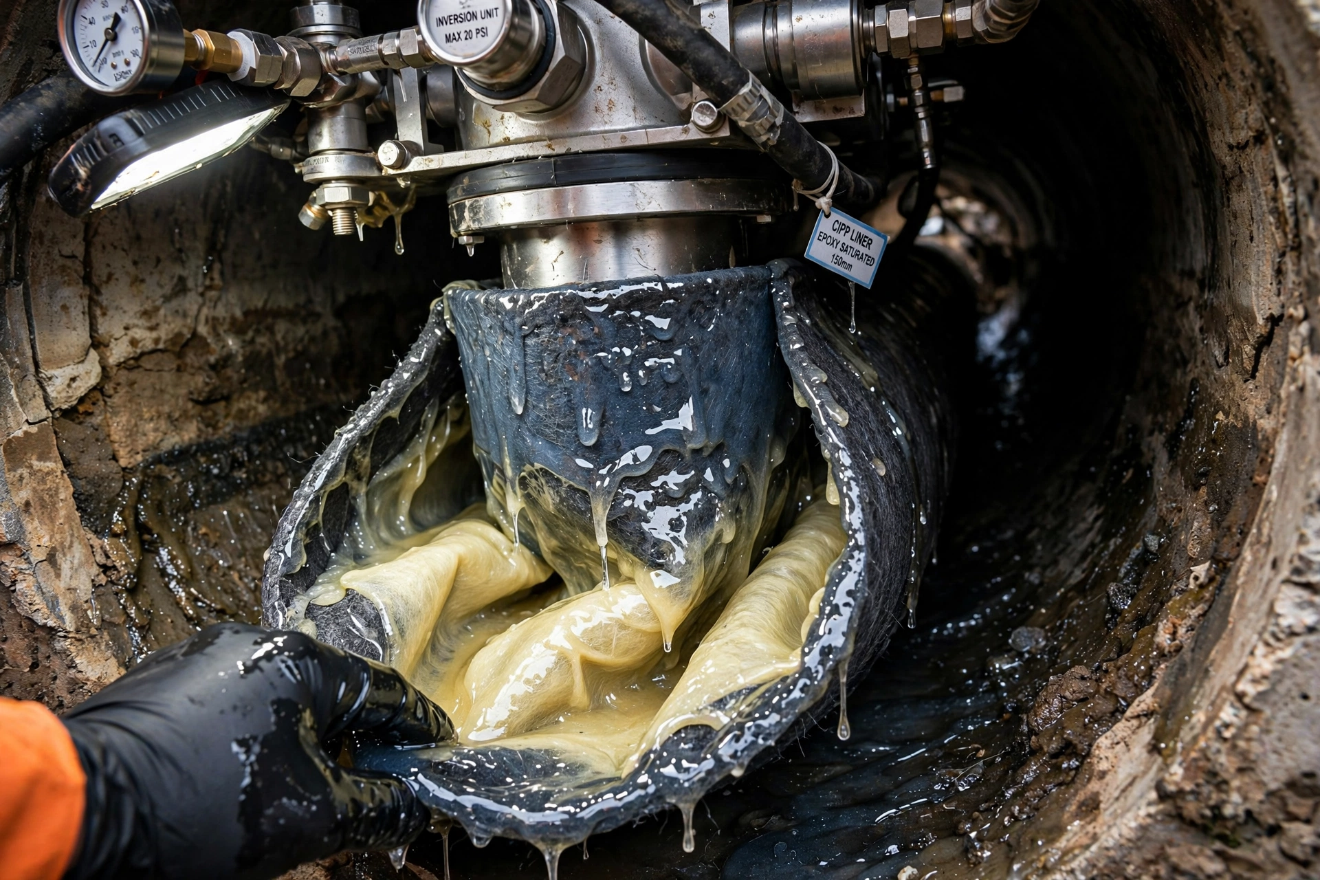 Cured-in-place pipe lining inside sewer pipe