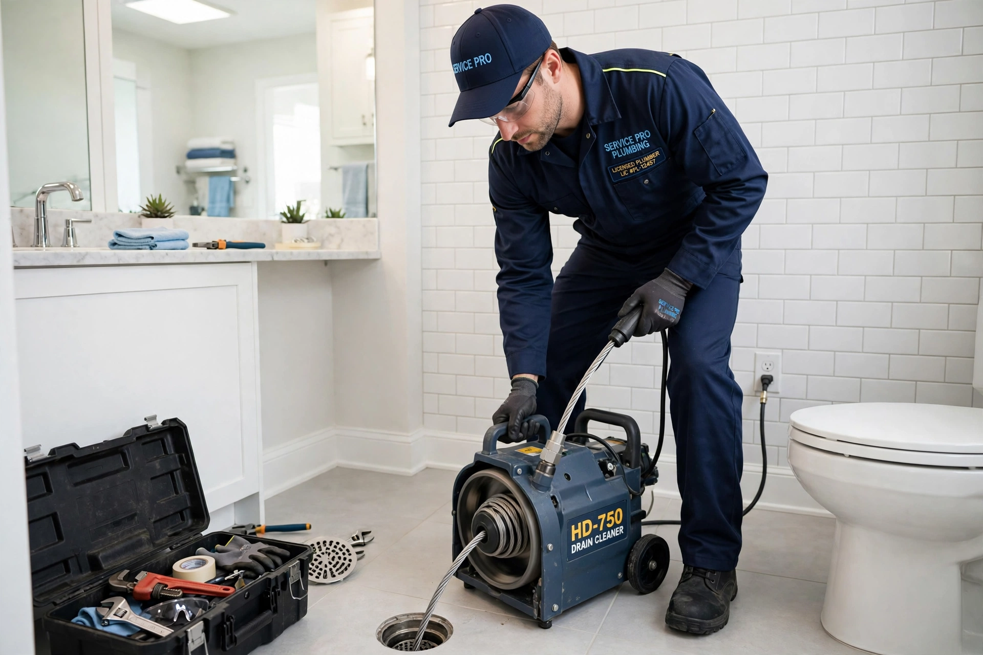 Professional drain cleaning service in California using a commercial drain snake machine Professional drain cleaning service in California using a commercial drain snake machine