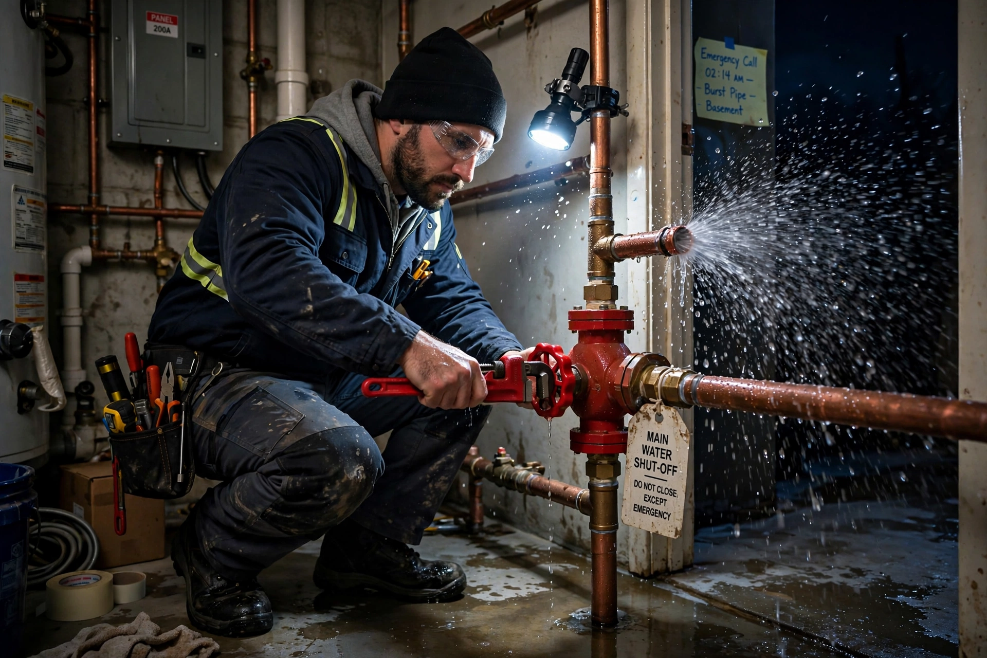 Plumber shutting off main water valve during emergency call - Pro Plumbers California Plumber shutting off main water valve during emergency call - Pro Plumbers California