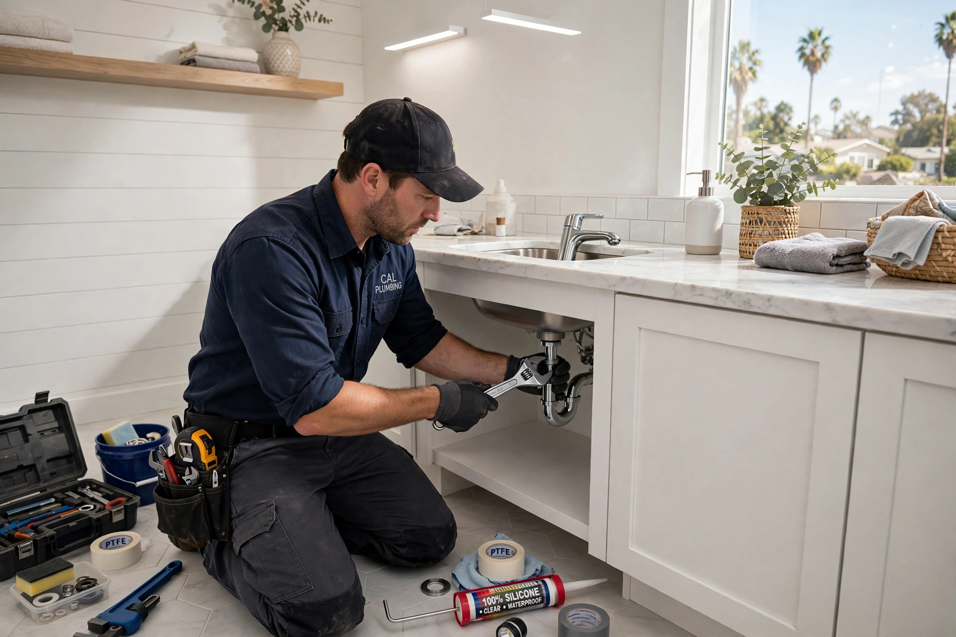 Plumber installing modern bathroom faucet in California remodel - Pro Plumbers California Plumber installing modern bathroom faucet in California remodel - Pro Plumbers California