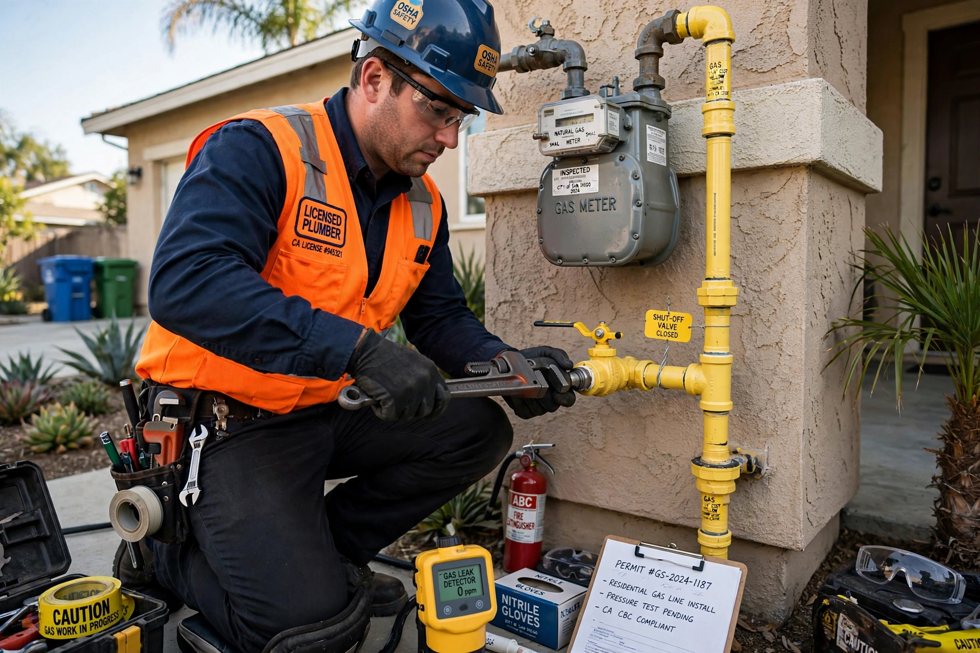 Licensed plumber installing gas line at meter in California