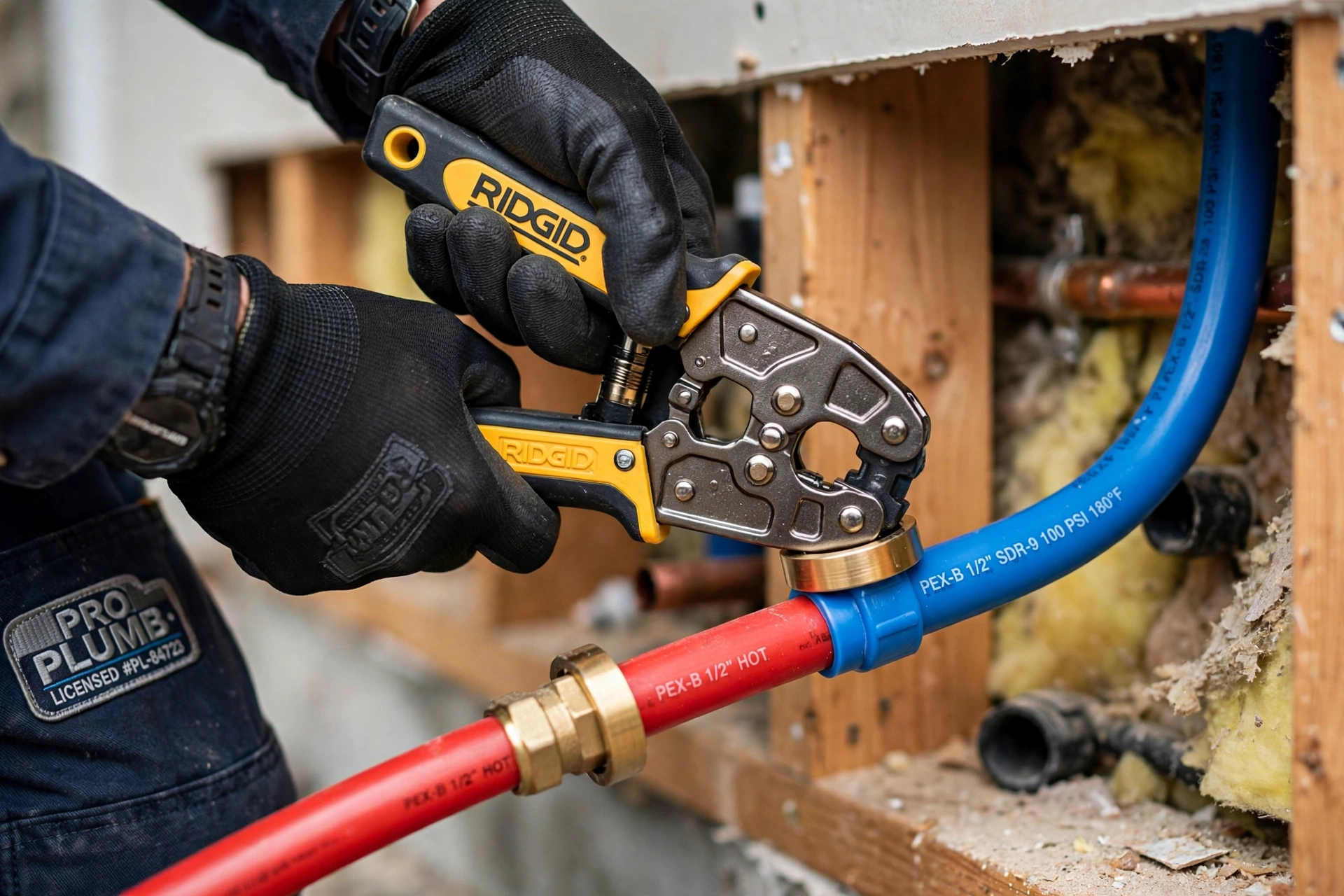 Plumber installing PEX pipes during repipe in Chino California Plumber installing PEX pipes during repipe in Chino California
