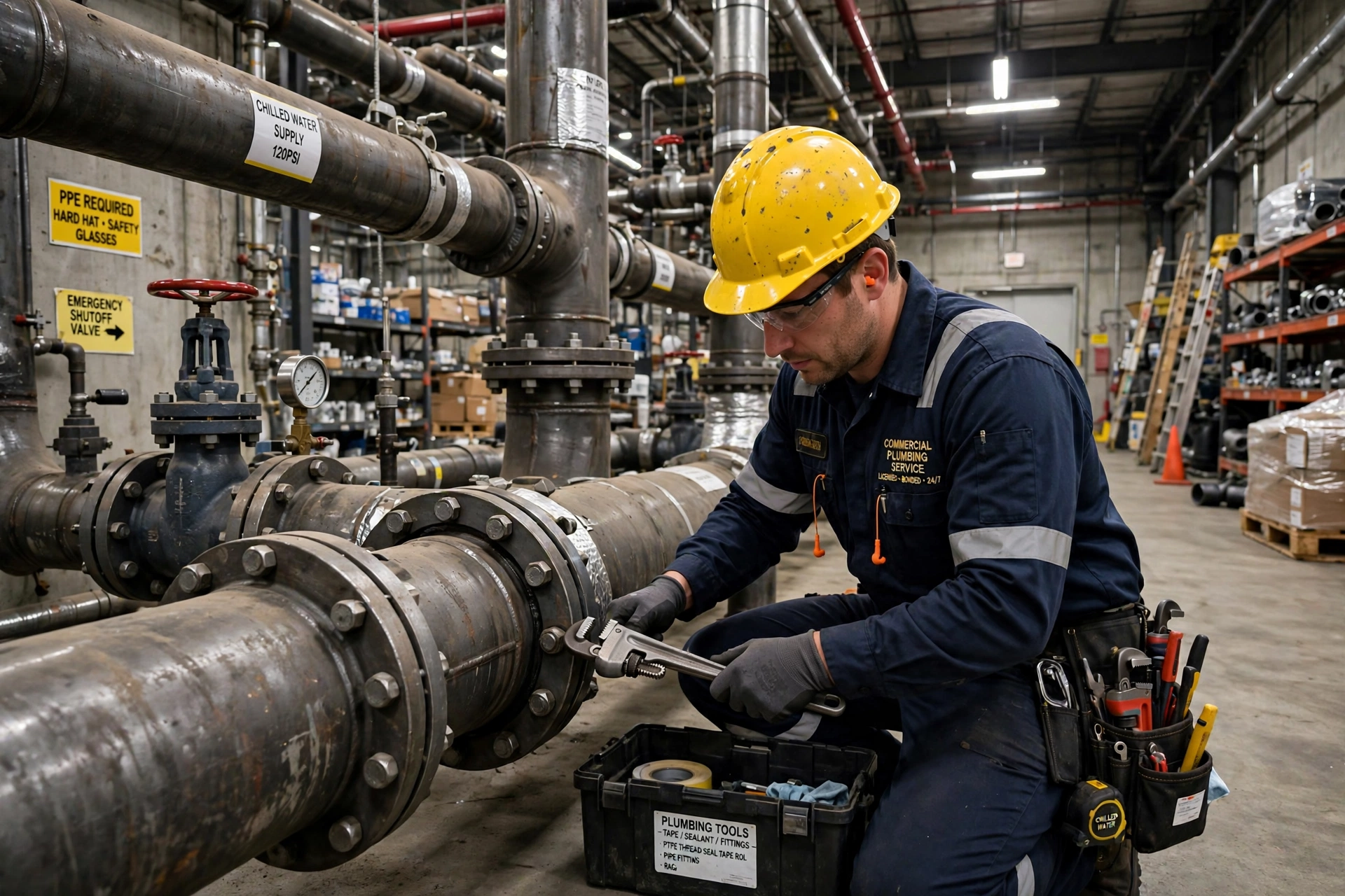 Commercial plumber working on industrial pipes in City of Industry CA Commercial plumber working on industrial pipes in City of Industry CA