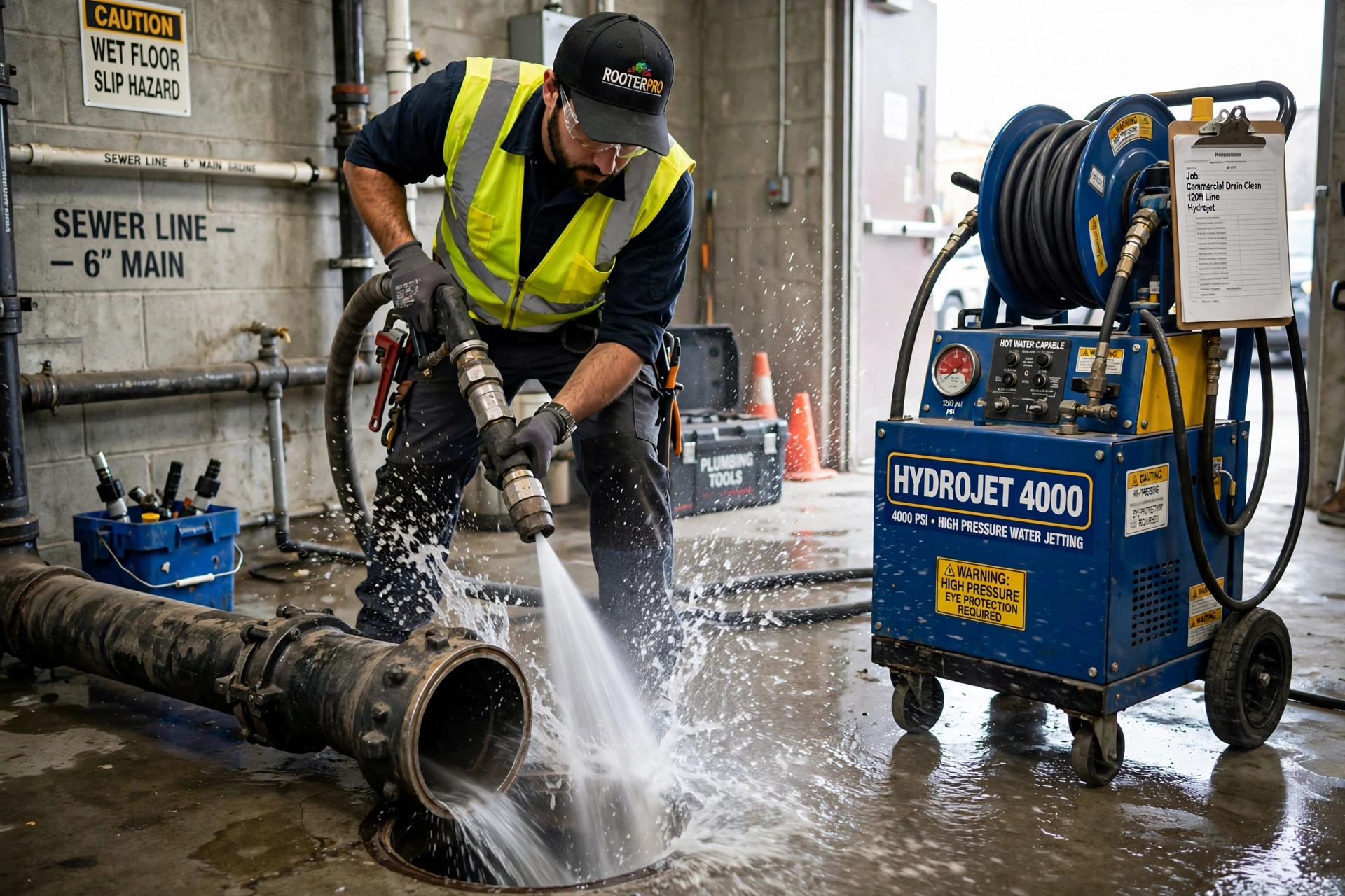 Hydro jetting drain cleaning equipment in commercial facility Hydro jetting drain cleaning equipment in commercial facility