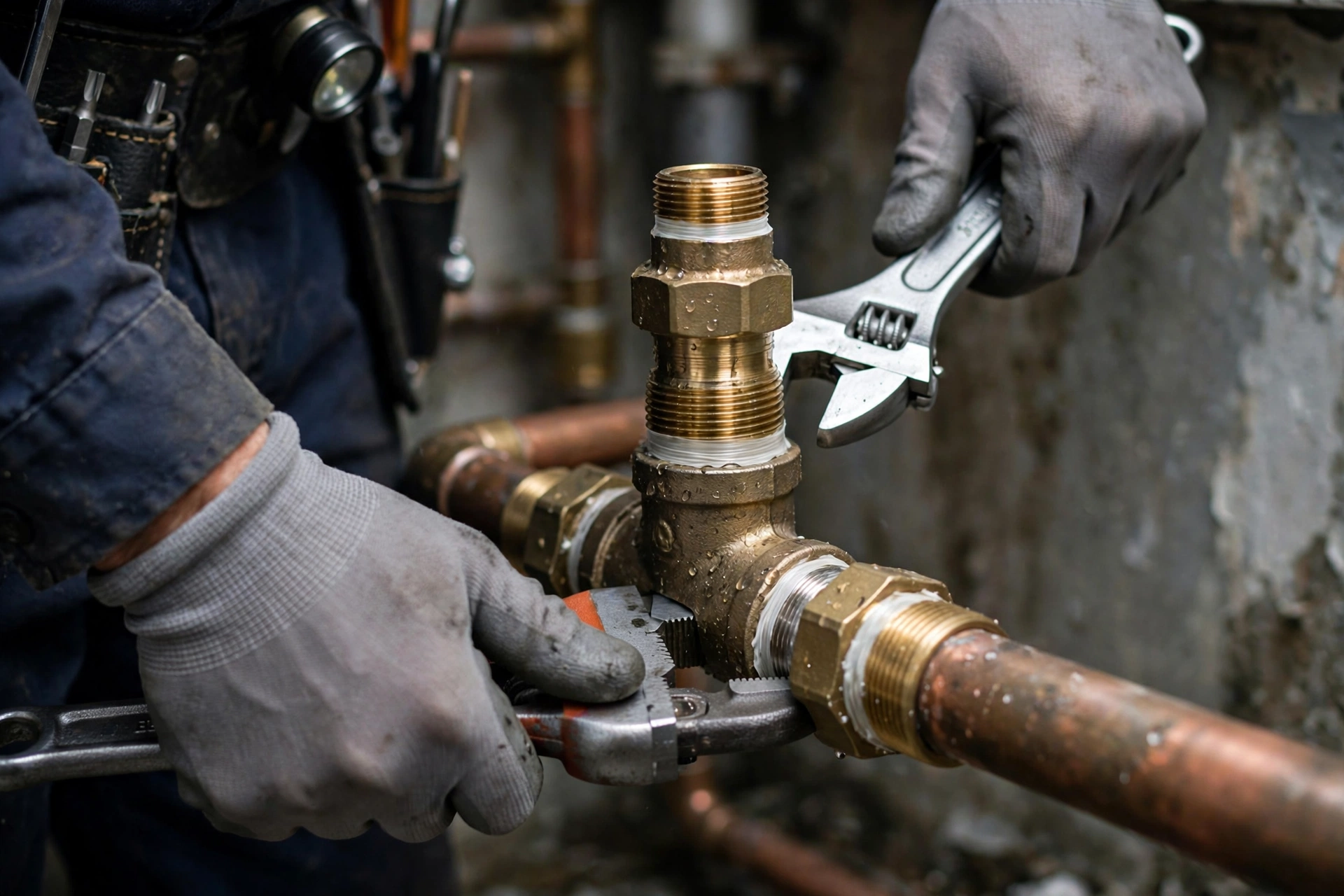 Plumber tightening pipe fittings in La Habra California Plumber tightening pipe fittings in La Habra California