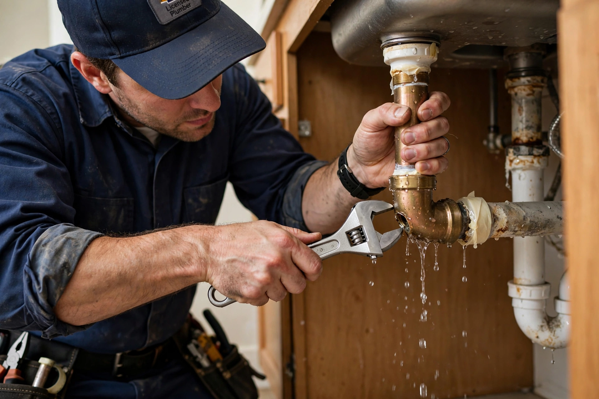 Plumber fixing leaking pipe in San Dimas California home