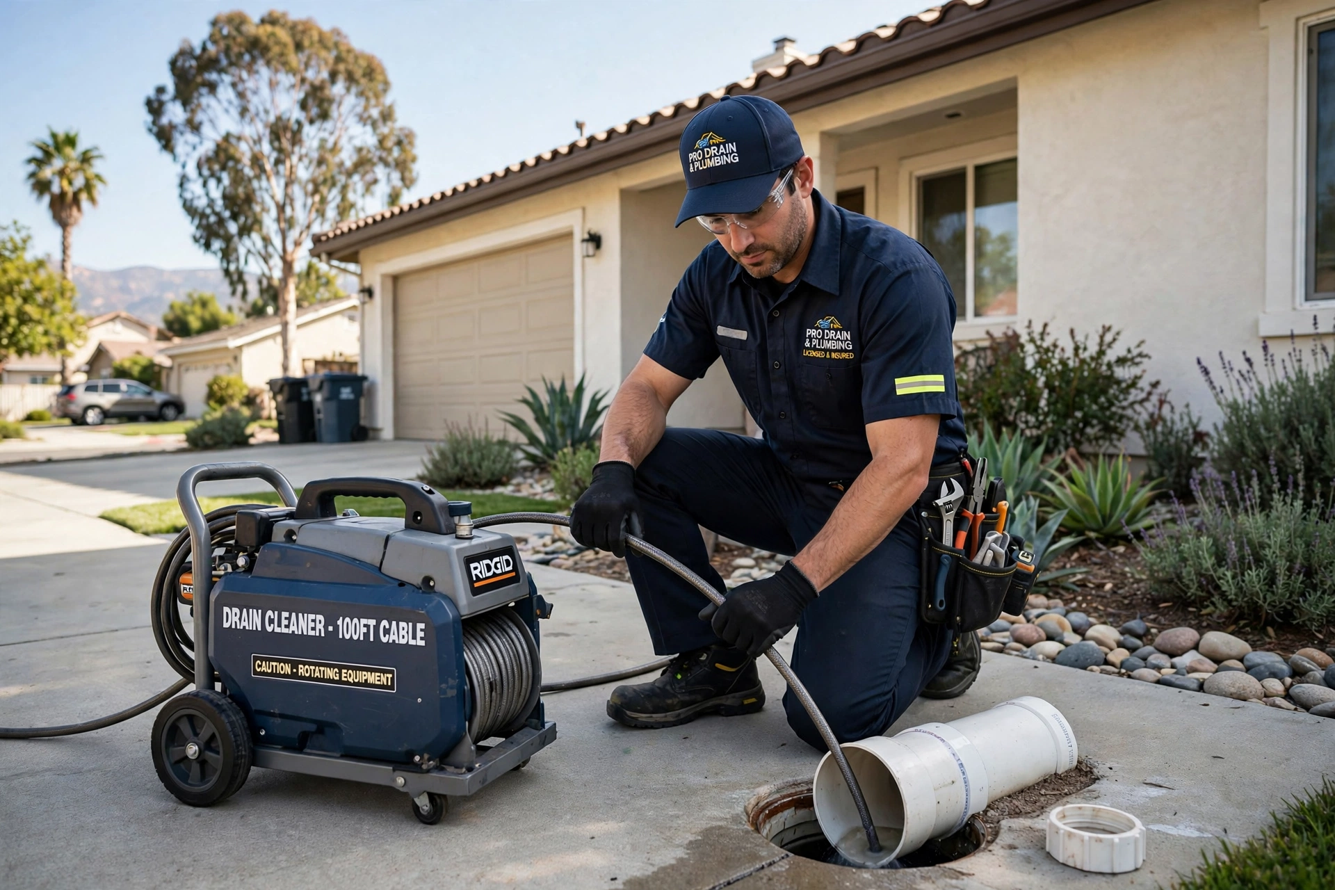 plumber clearing a drain cleanout at a Beaumont CA home plumber clearing a drain cleanout at a Beaumont CA home