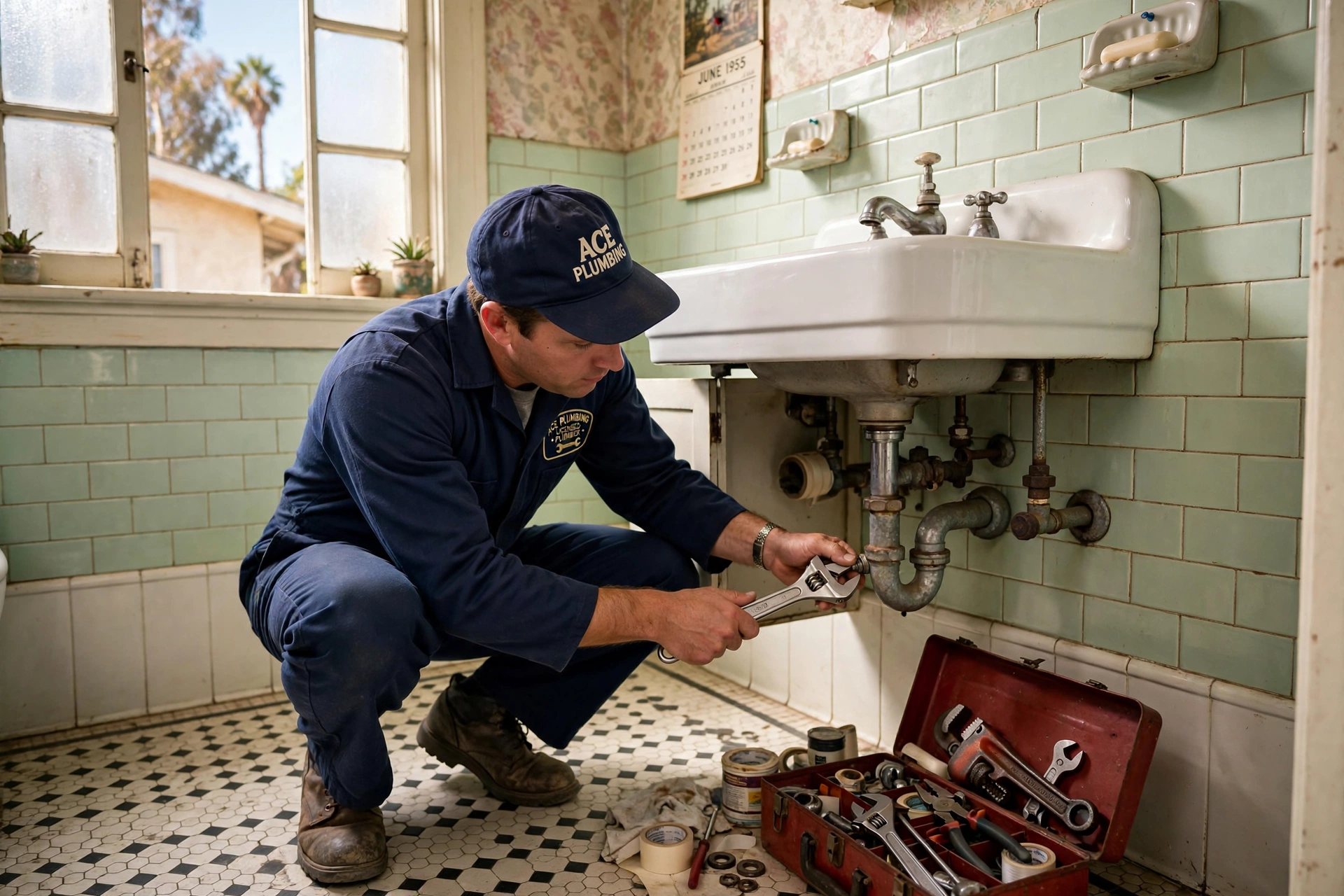 plumber repairing vintage bathroom pipes in Burbank CA plumber repairing vintage bathroom pipes in Burbank CA