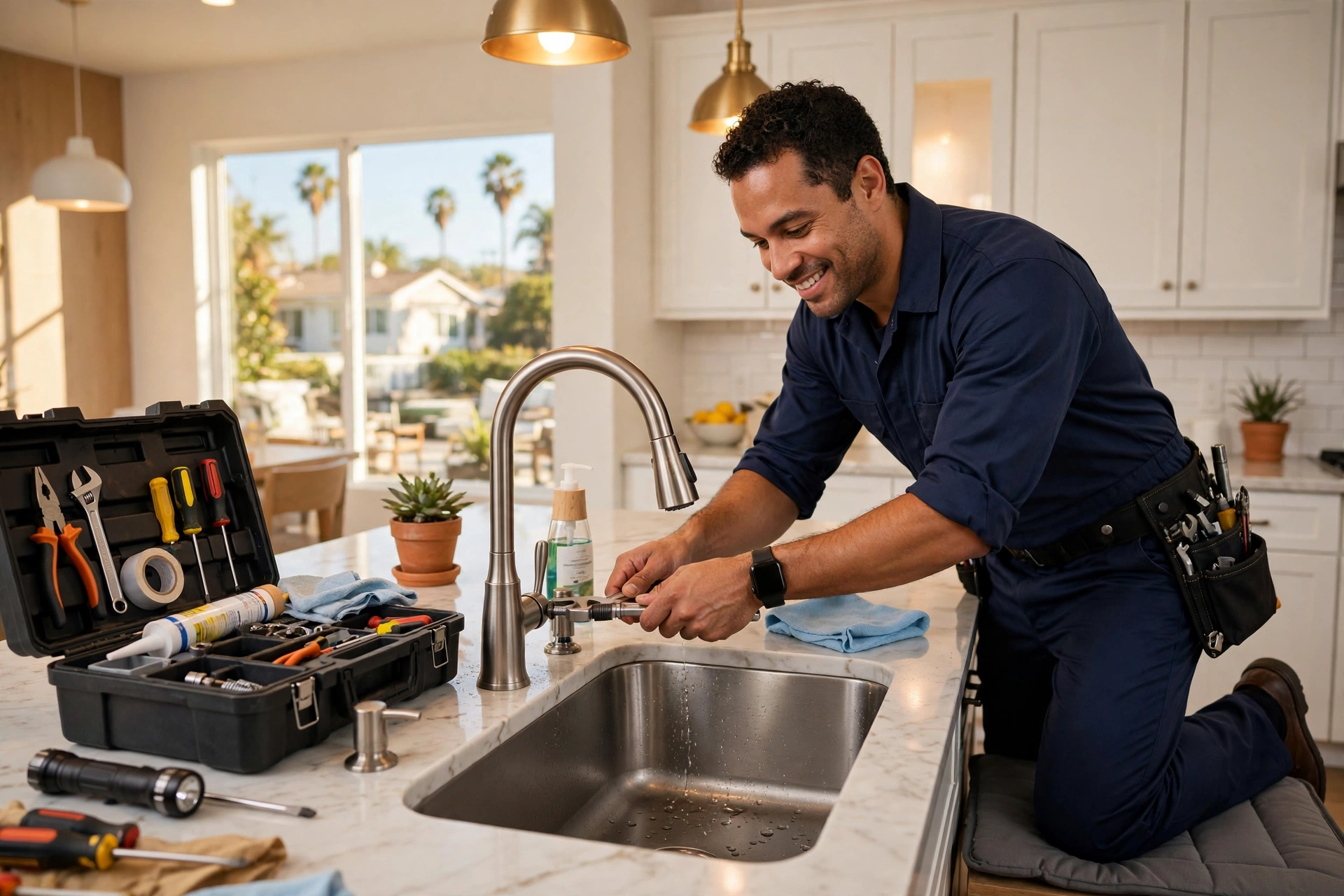 Plumber repairing kitchen sink faucet in Anaheim CA home