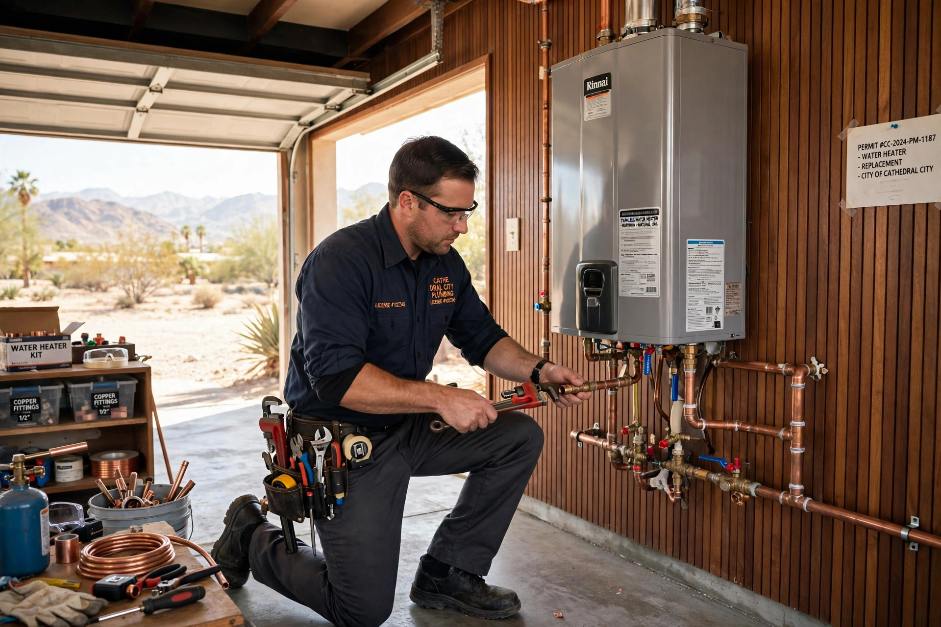 Plumber installing a water heater in a Cathedral City, CA garage plumber installing water heater in Cathedral City CA