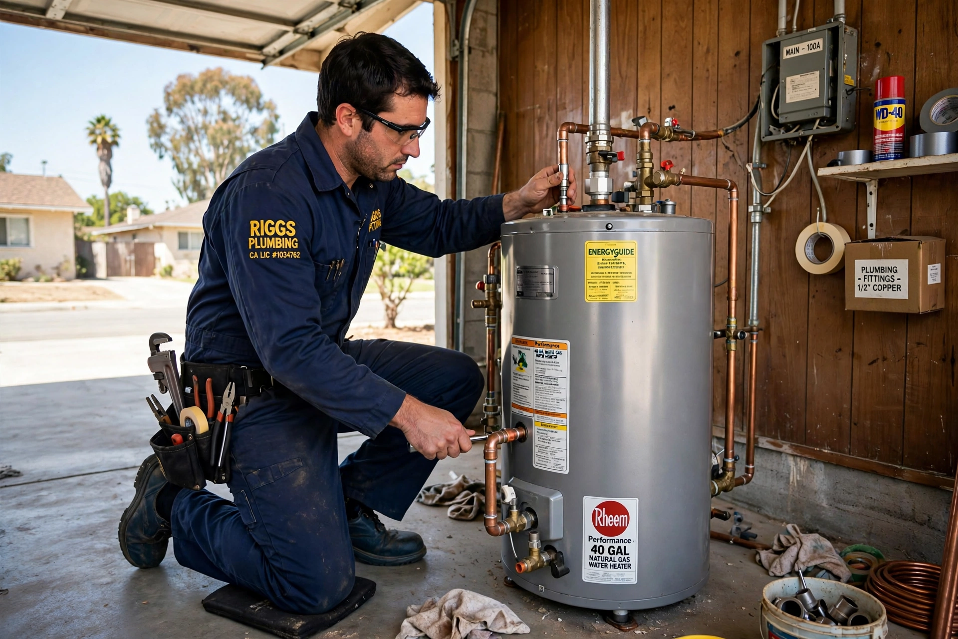 plumber installing water heater in Santee CA tract home garage plumber installing water heater in Santee CA tract home garage