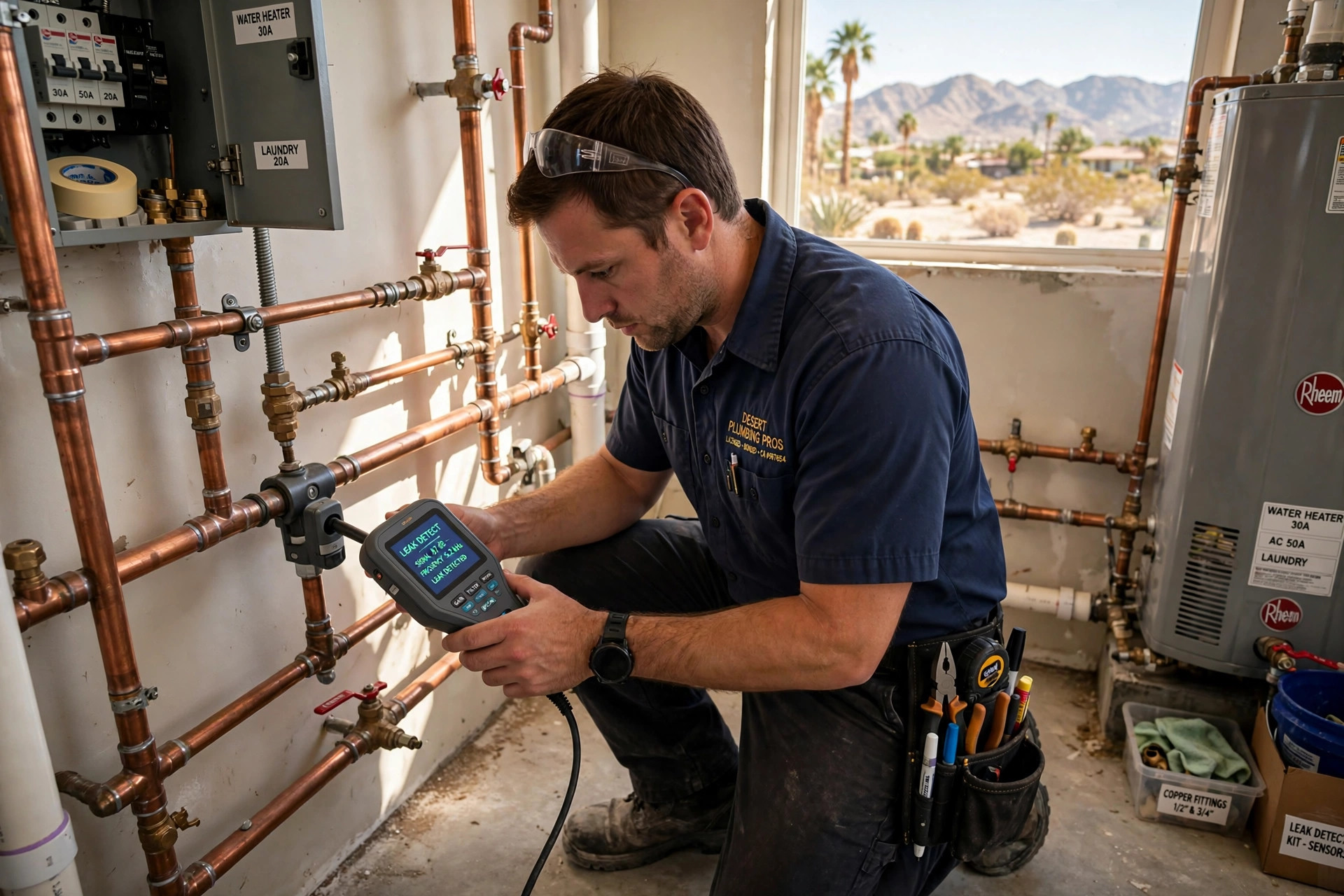 Plumber performing electronic leak detection in a Palm Desert, CA home plumber performing leak detection in Palm Desert CA