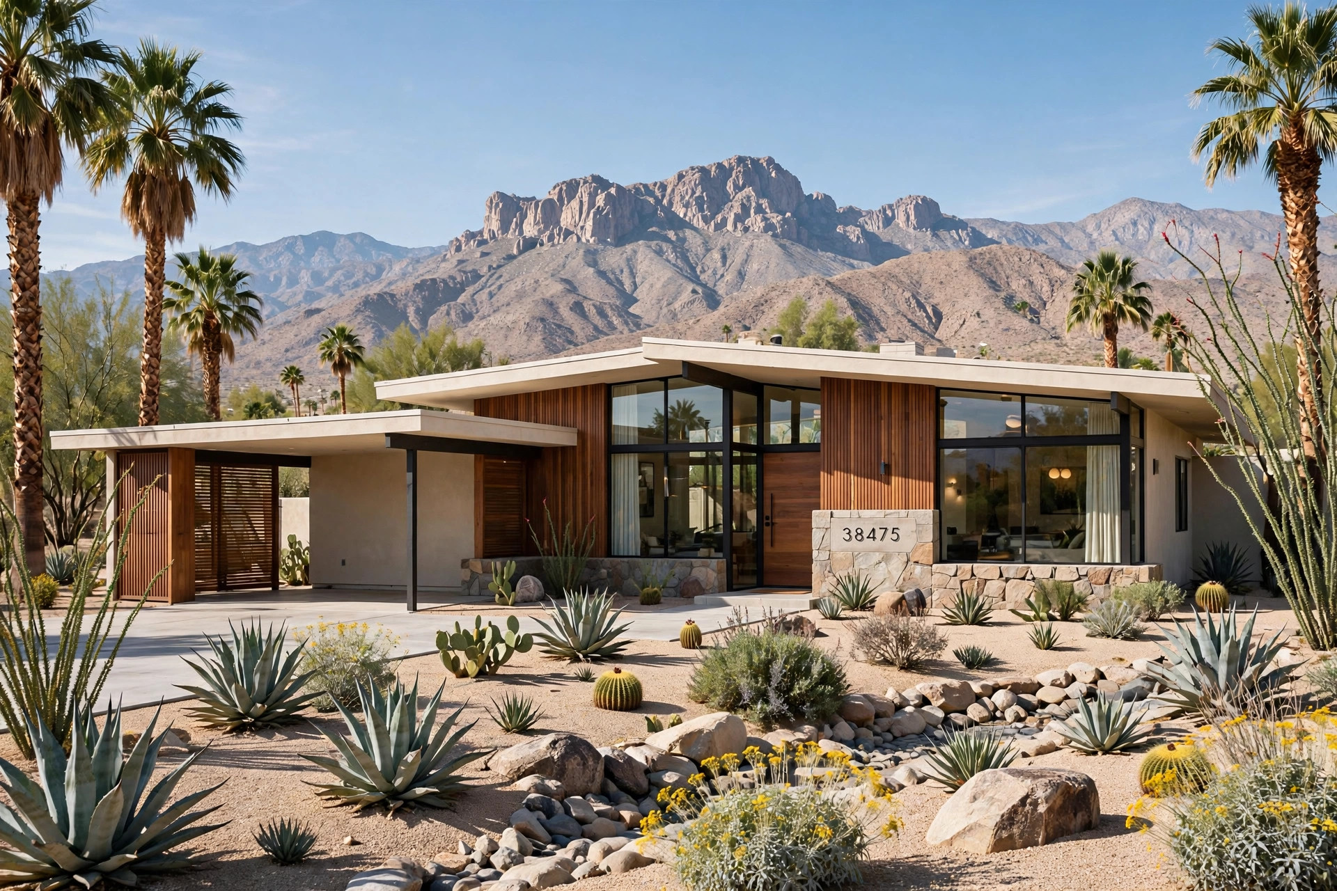 Elegant mid-century home exterior in Palm Desert, California mid-century home exterior in Palm Desert California