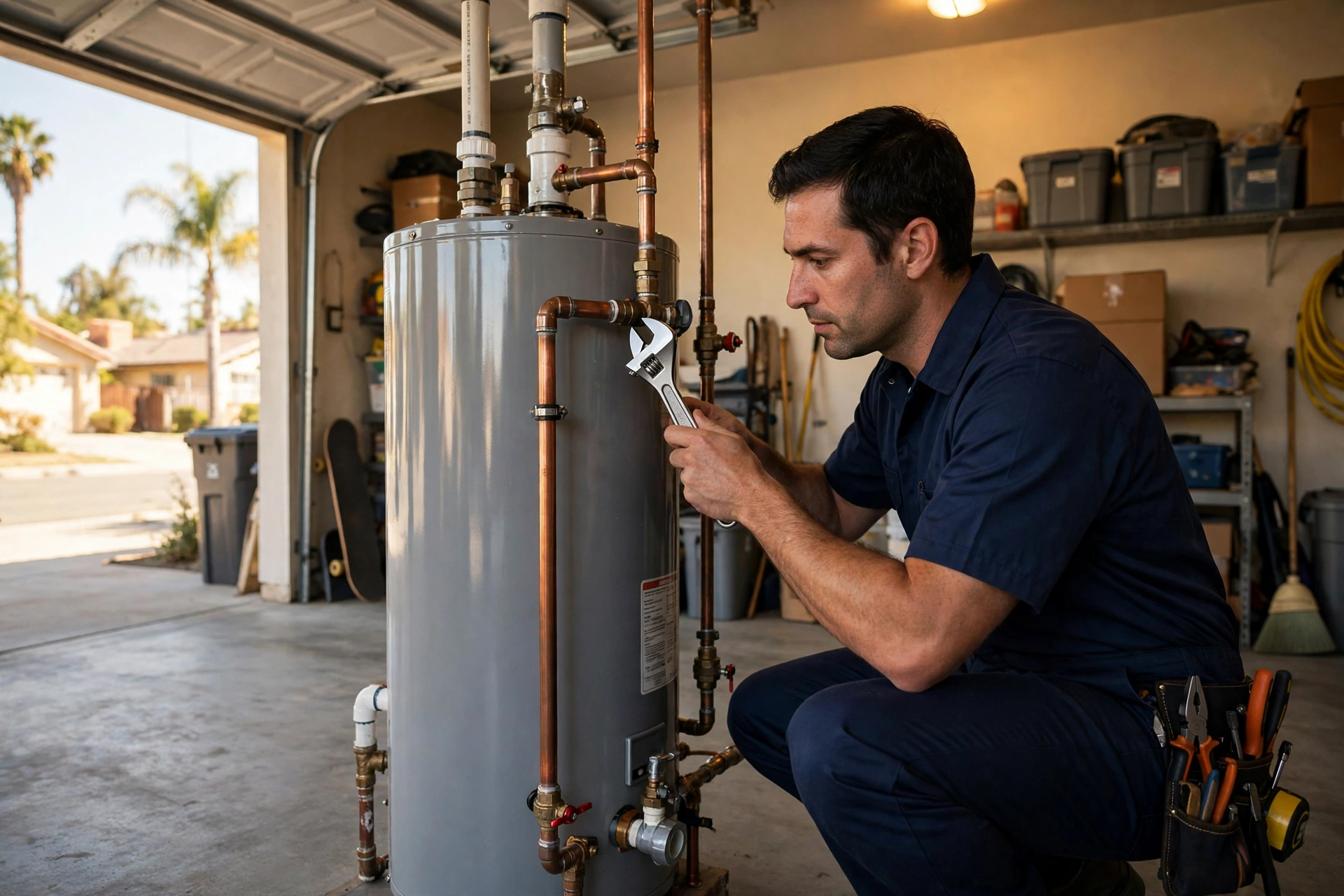 Plumber servicing water heater in San Bernardino CA garage Plumber servicing water heater in San Bernardino CA garage