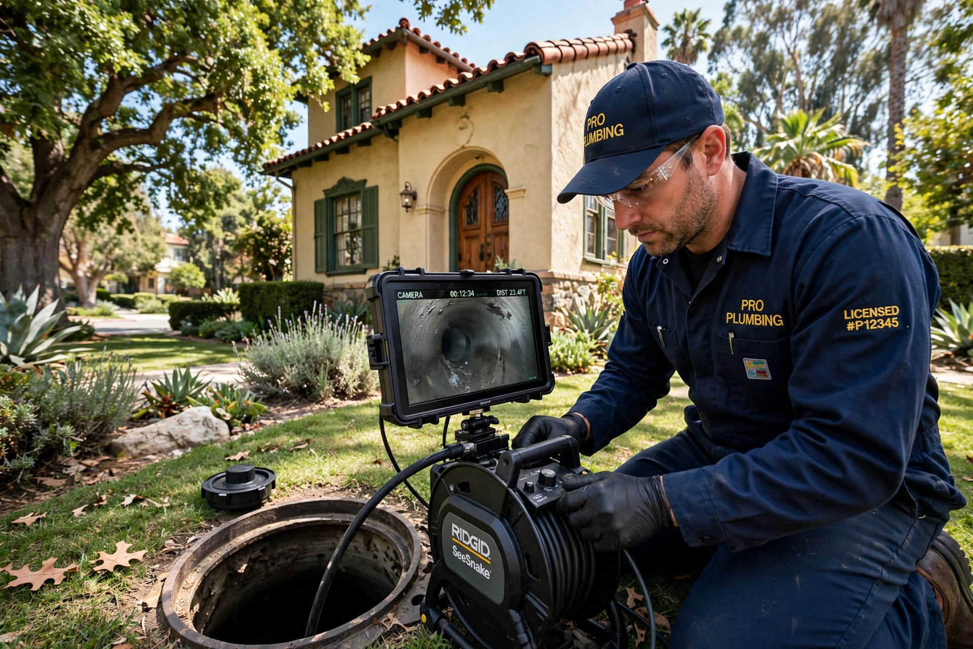 plumber performing sewer camera inspection in Burlingame CA historic home yard