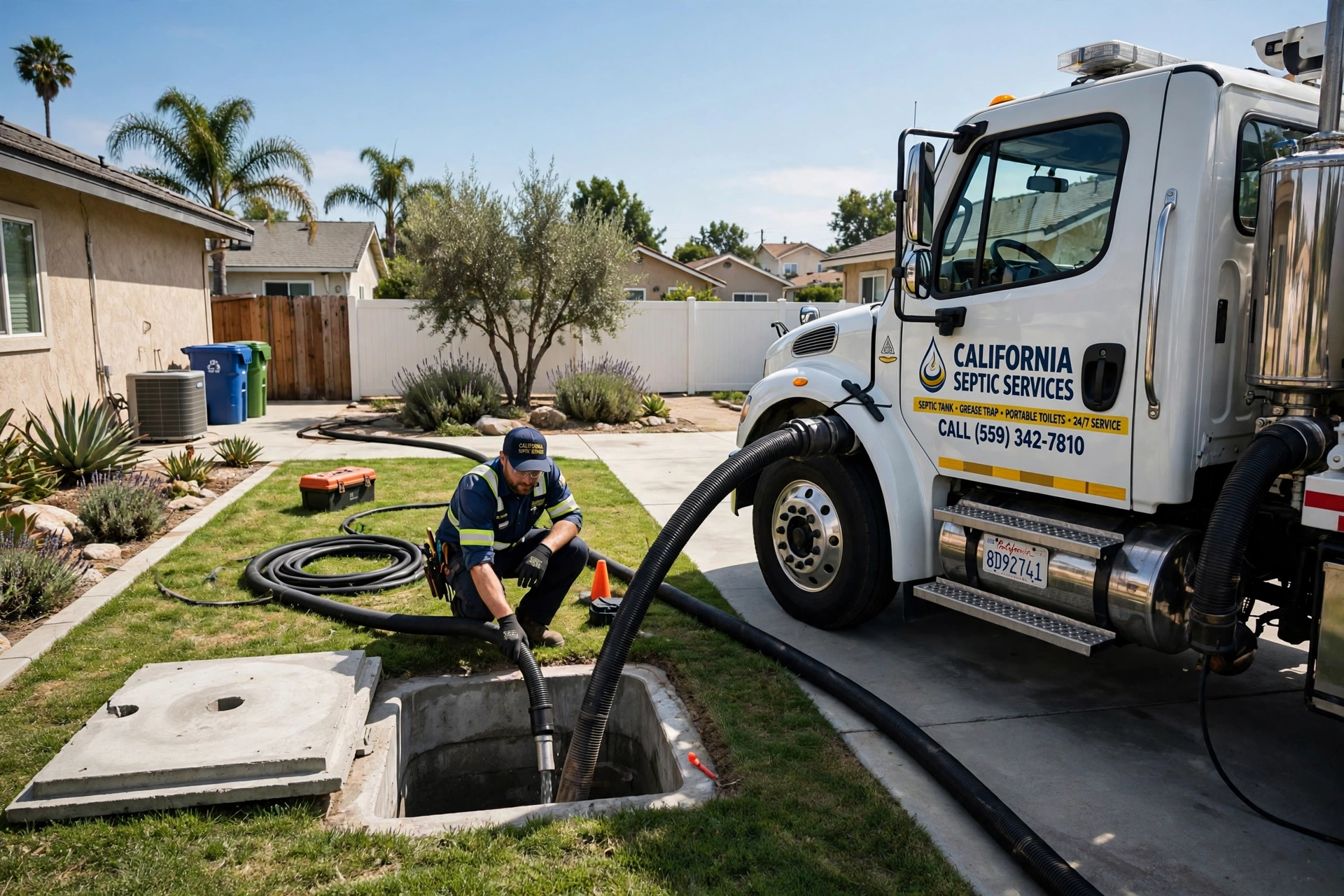 Septic tank pumping truck servicing a California home - Pro Plumbers California Septic tank pumping truck servicing a California home - Pro Plumbers California