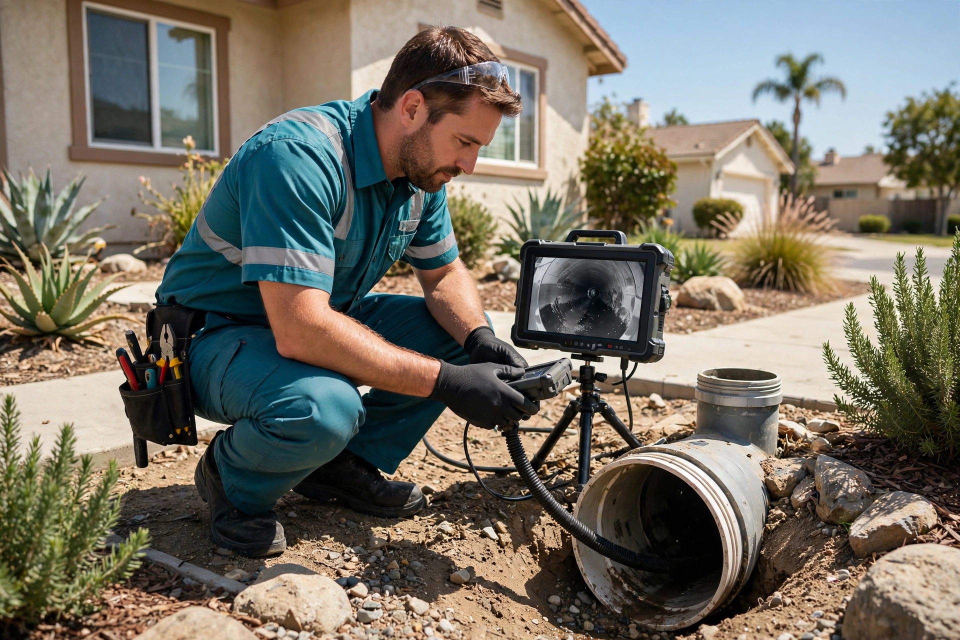 Plumber performing sewer camera inspection outside California home