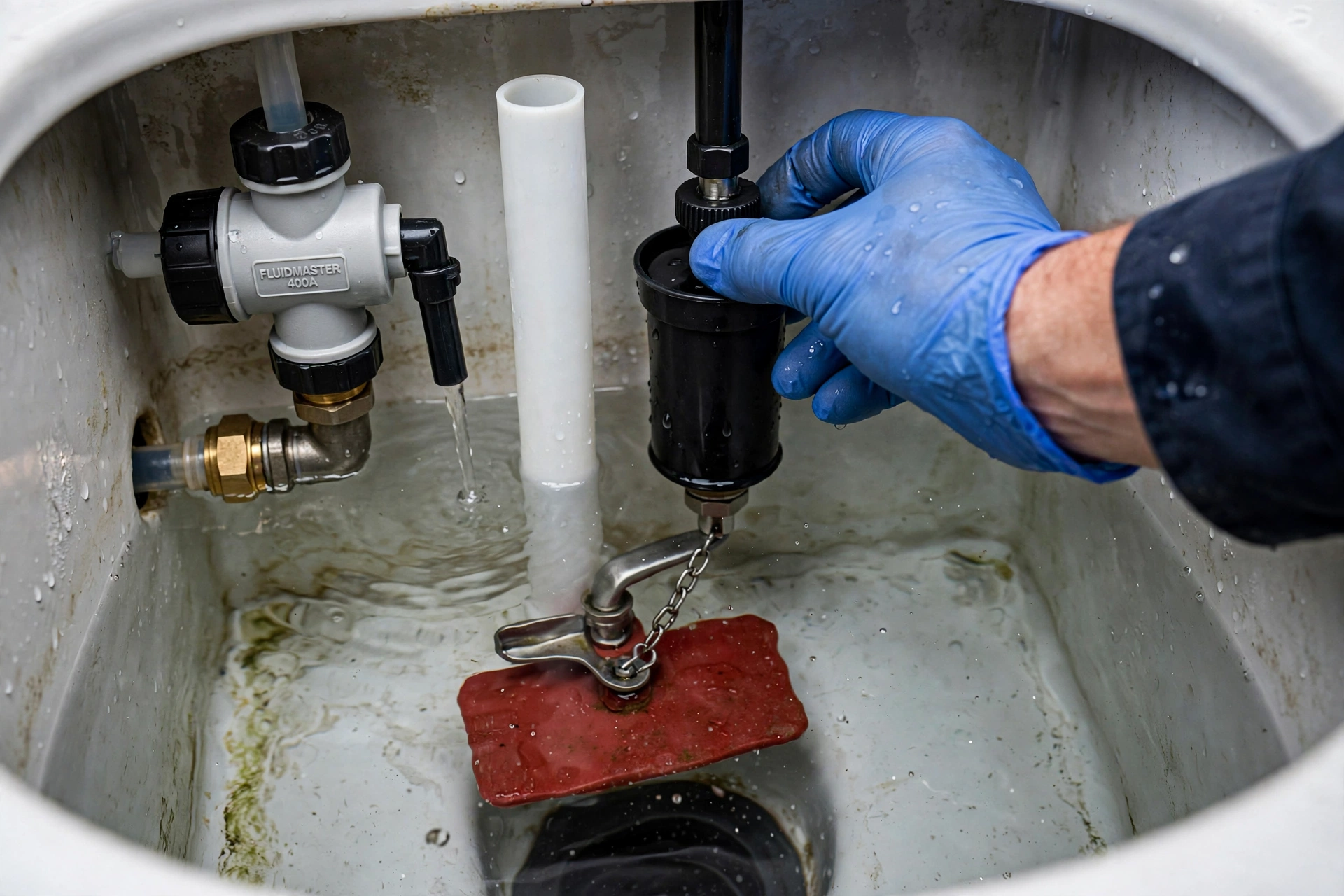 Plumber adjusting toilet tank fill valve and flapper mechanism - Pro Plumbers California Plumber adjusting toilet tank fill valve and flapper mechanism - Pro Plumbers California