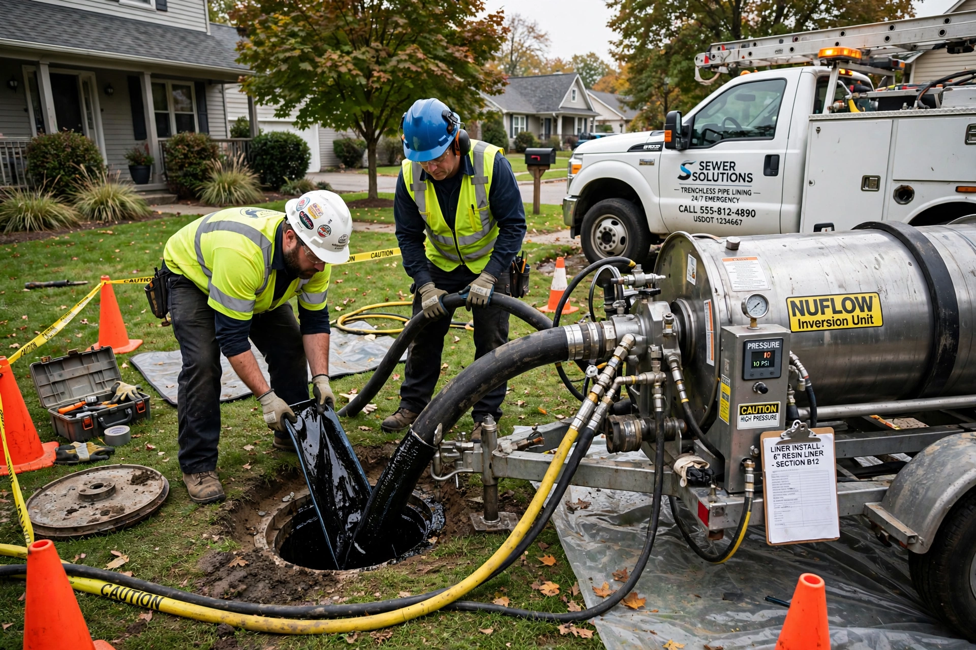 Trenchless sewer pipe lining repair in progress - Pro Plumbers California Trenchless sewer pipe lining repair in progress - Pro Plumbers California