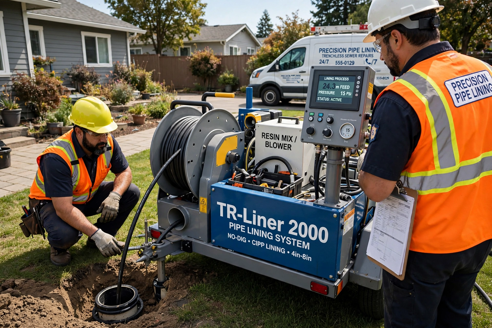 Trenchless sewer repair equipment in California yard