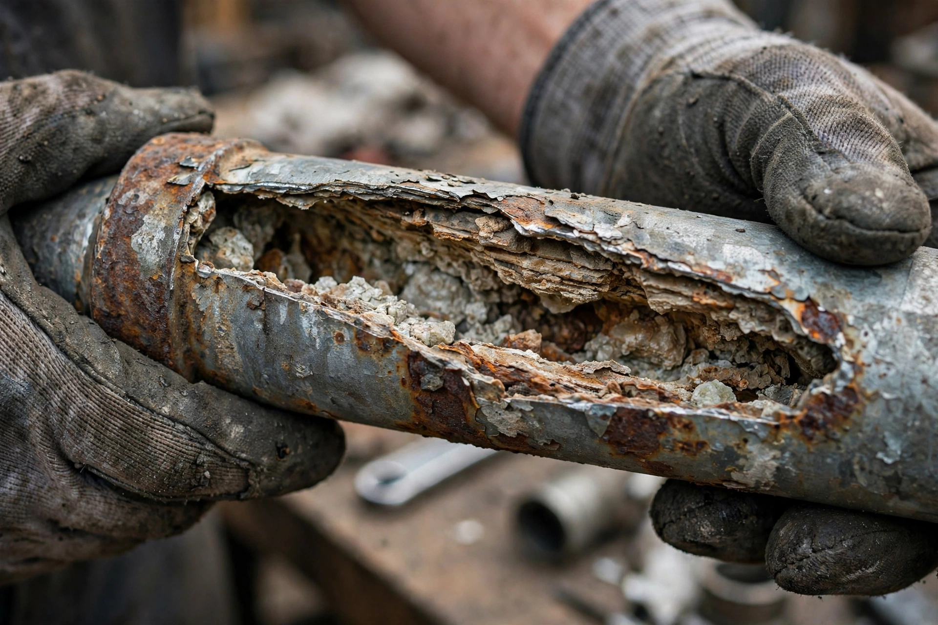 Corroded galvanized water pipe cut open showing rust buildup - Pro Plumbers California Corroded galvanized water pipe cut open showing rust buildup - Pro Plumbers California